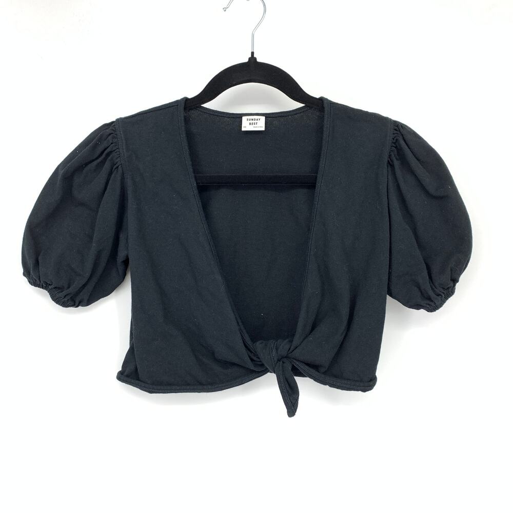 Aritzia Sunday Best Puff Sleeve Tie Front Cropped Top Womens Size XS Black